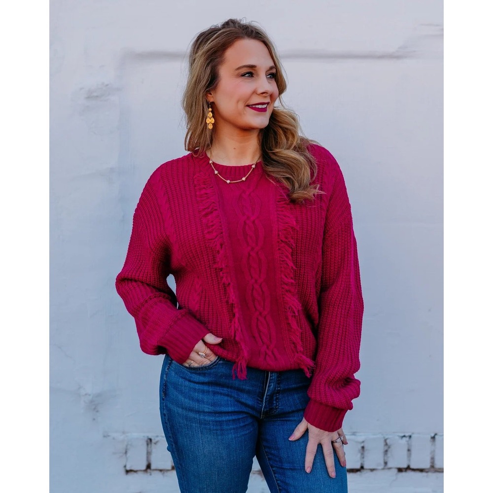 Liverpool Los Angeles Deep Raspberry Pink Cable Knit Fringe Sweater M NEW